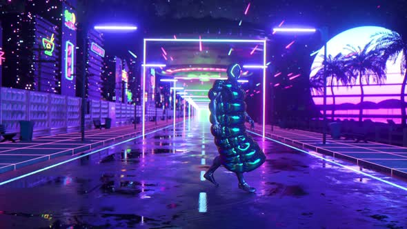 Cyberpunk Guy Dancing Against Retro Sunset Background