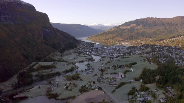 Stryn Town and Valley With Beautiful Winding River in the Early Morning