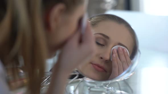 Girl Easily Removing Make-Up From Eyes With New Lotion, Testing of Removers