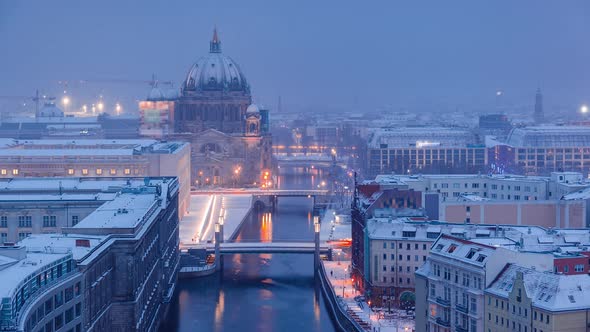Cloudy Snowy Night to Day Time Lapse of Berlin with Berlin Cathedral Berlin, Germany