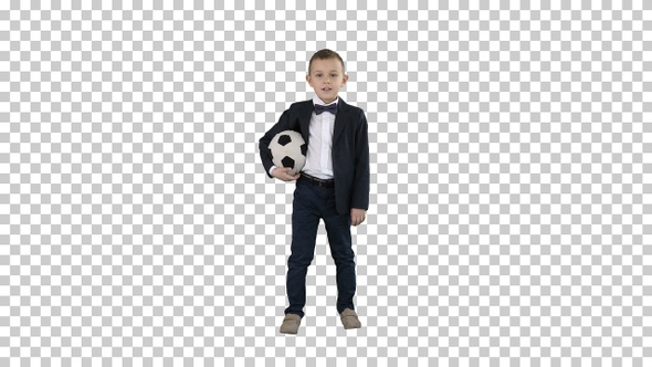 Happy young school boy holding a football, Alpha Channel