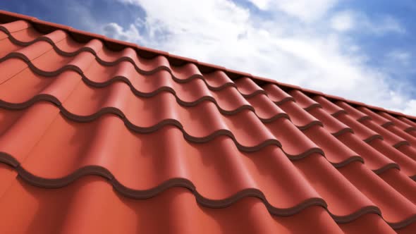 Animation of a house with the red clay tiled roof on a clear sky at background.