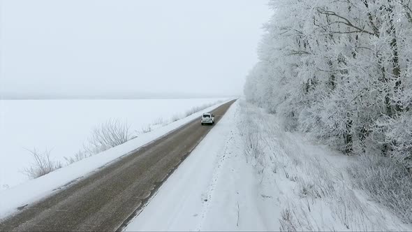 The white car in the winter