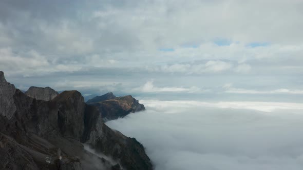 Aerial View of Mount Pilatus During Sunrise and Fog. Autumn Switzerland