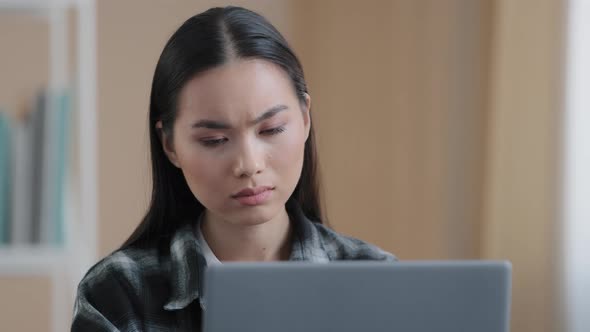 Portrait Asian Woman Read Bad News Looking at Laptop Screen Frustrated Girl Desperate Disappointment