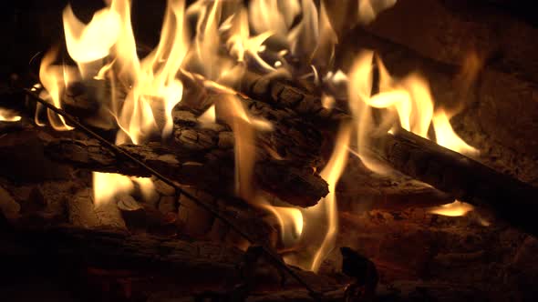 fireplace close up shot, campfire at night