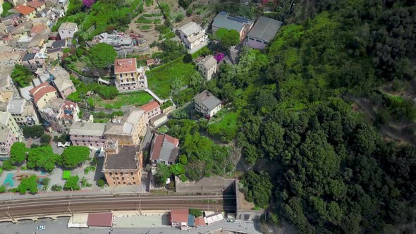 Panorama view of Monterosso al Mare.Panoramic drone view of railway and village.Unesco Heritage.4K