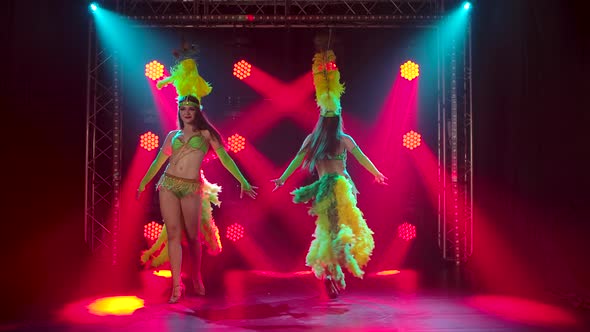 Two Passionate Young Women Dancing Samba Music at a Carnival Party. Dancers in Traditional Costumes