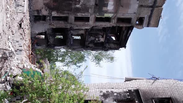 Vertical Video of a Destroyed Residential Building During the War in Ukraine