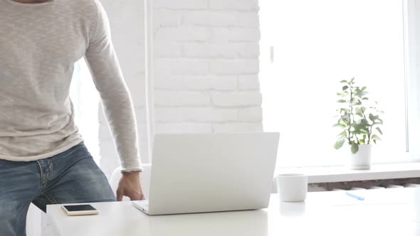 Businessman Coming Office and Opening Laptop at Work