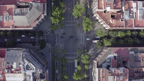 Time Lapse Aerial of Barcelona City Streets With Vehicles Amongst Buildings