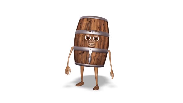 Cartoon Wooden Barrel Looks Around Loop On White Background