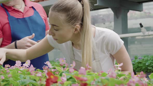 Male Biologist Coming To Positive Female Worker in Greenhouse. Portrait of Confident Professional