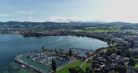 Aerial view of a small harbour along the coast, Lake Constance, Switzerland.