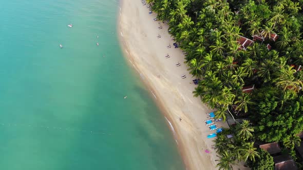 Blue Lagoon and Sandy Beach with Palms. Aerial View of Blue Lagoon and Sun Beds on Sandy Beach with