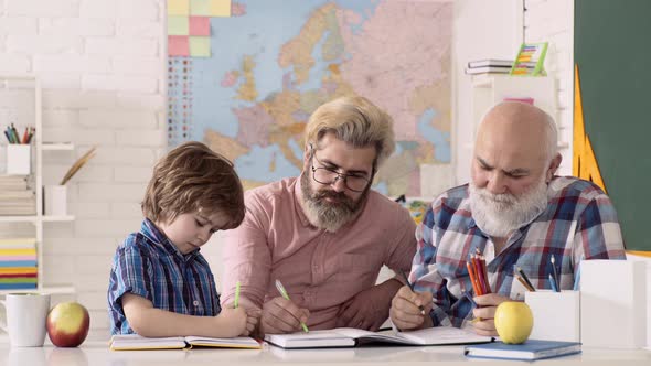 Grandfather, Father, Son Study Indoors. Cute Child Boy in Classroom Near Blackboard Desk. Kids From