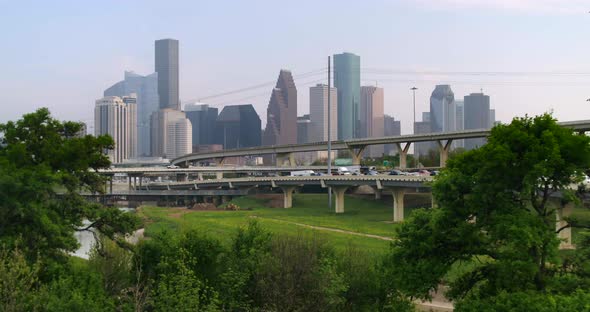 Aerial of cars on 45 North freeway near downtown Houston