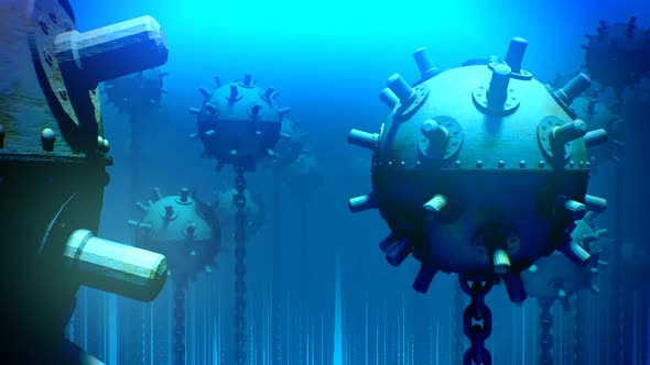 Naval underwater mines. Explosive bombs floating in the basin. Loopable. HD