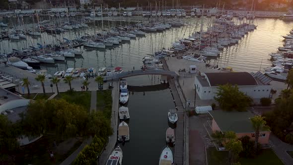 aerial yatch marine at sunset