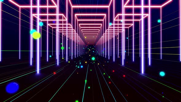 Flight Through 3D Tunnel with Simple Geometric Objects Multicolored Neon Light