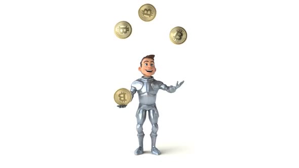 Fun 3D cartoon knight juggling with bitcoins
