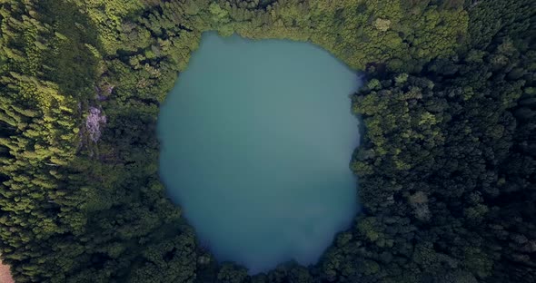 Aerial drone video of a hidden lake in the middle of the rainforest in Azores volcanic islands.