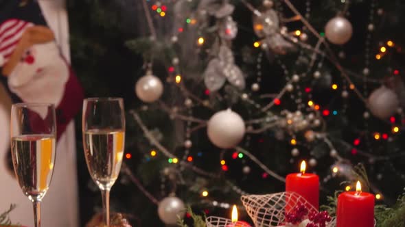 Panorama of Christmas Table with Delicious Baked Chicken and Champagne