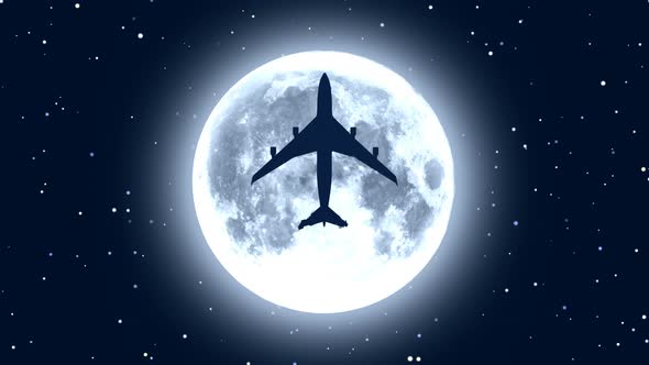 Passenger Airplane Flying over Moon in Starry Night alt