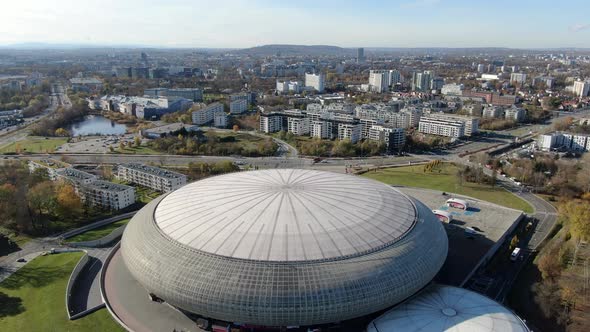 Flying over Tauron Arena Krakow hall, Poland