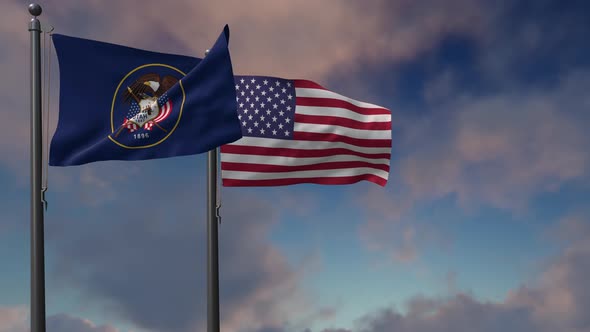 Utah State Flag Waving Along With The National Flag Of The USA - 4K