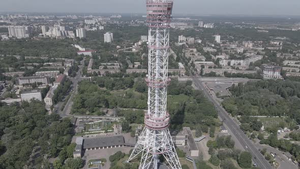 The Architecture of Kyiv. Ukraine: TV Tower. Aerial View. Slow Motion, Flat, Gray