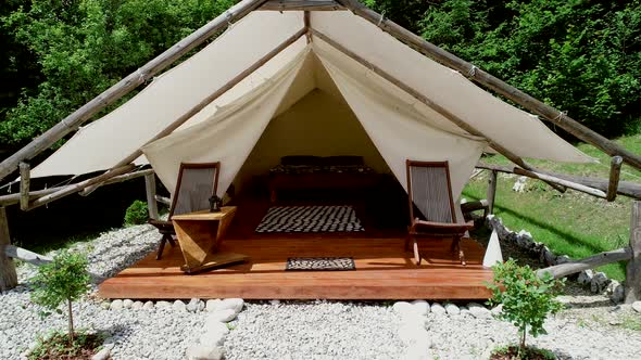 Tracking shot of a glamping tent in an eco camping in Slovenia.