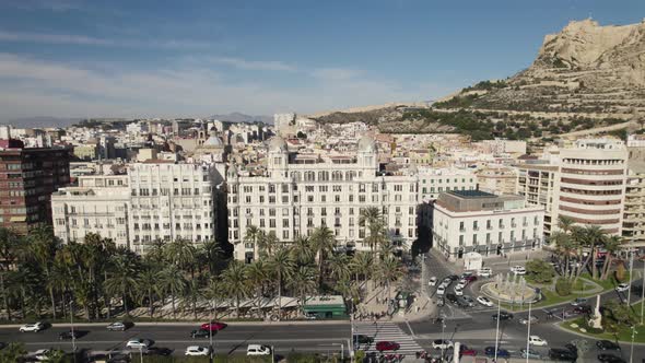 Aerial view of Alicante Waterfront Buildings and Palm trees Promenade, Spanish Coastline