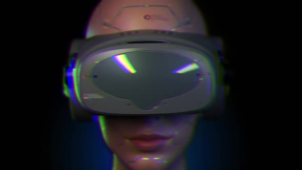 portrait of cyborg girl in VR helmet front view.