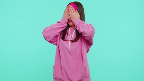 Student Girl in Pink Hoodie Closing Eyes Showing Stop Gesture Confused Shy Scared to Watch
