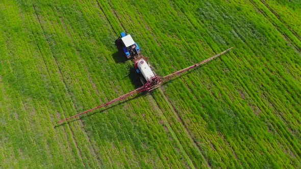 Tractor Is Spraying Pesticides on Grain Field