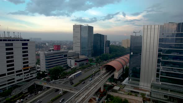 Aerial view of LRT railway station platform at the new constructed in Jakarta.