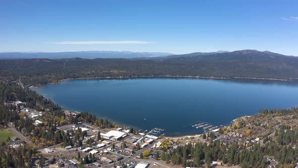 Wide aerial of Lake Payette on a sunny summer day.