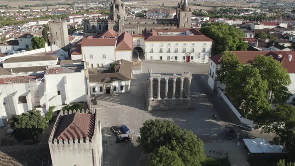 Roman Temple in Evora historic center, Portugal. Aerial circling