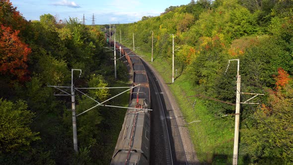 Aerial Freight Train on a Long Railroad, Top View