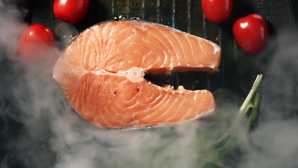 A Salmon Fillets on a Grill Plate with Herbs and Vegetables