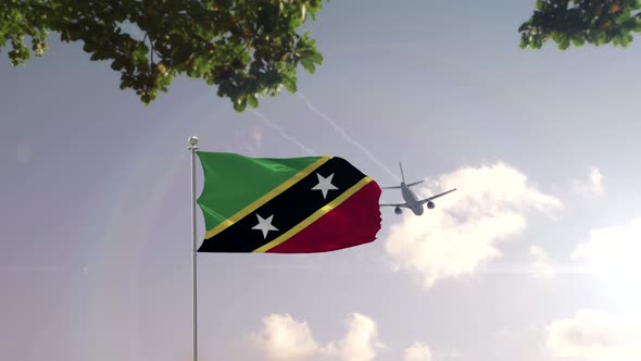 Saint Kitts and Nevis Flag With Airplane And City 