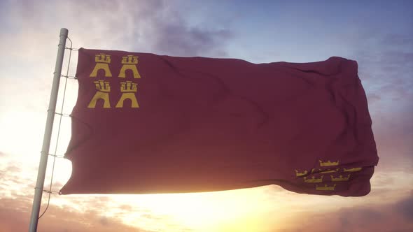 Murcia Flag Spain Waving in the Wind Sky and Sun Background