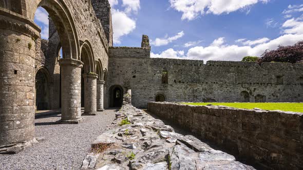 Motion time lapse of Boyle Abbey medieval ruin in county Roscommon in Ireland as a historical sights