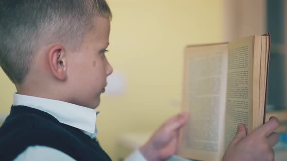 Cute Schoolkid Reads Textbook Turning Page at Table in Room