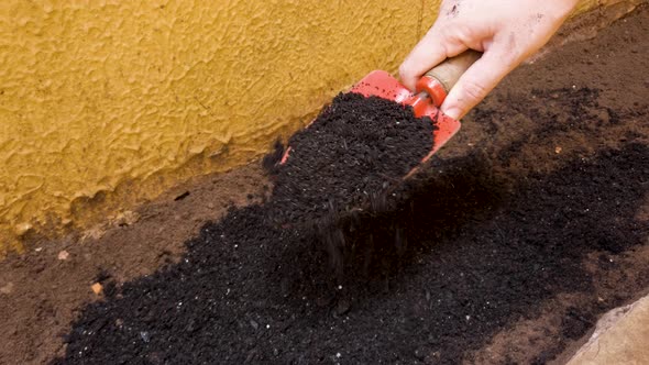 Putting fertilizer in a small garden at home.