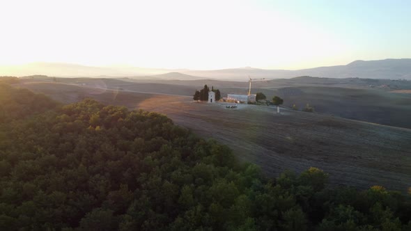 Chapel Vitaleta in Val d'Orcia Rolling Hills Aerial View in Tuscany