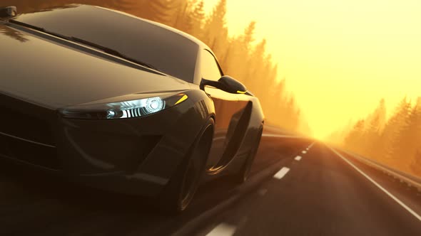Fast, slick supercar endless driving through a coniferous forest during sunset.
