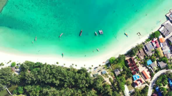 Aerial sky of idyllic bay beach journey by shallow water and white sand background of a dayout near 
