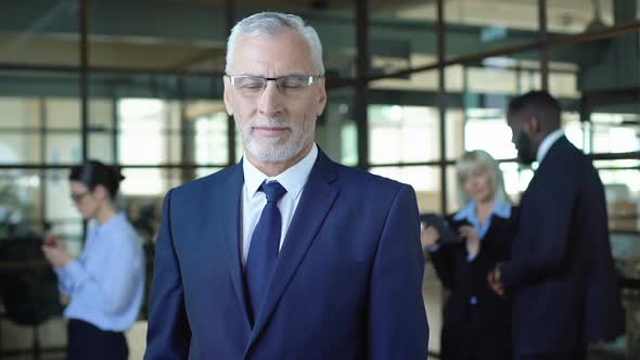 Senior Businessman in Suit Smiling Camera, Company Employment, Male Director